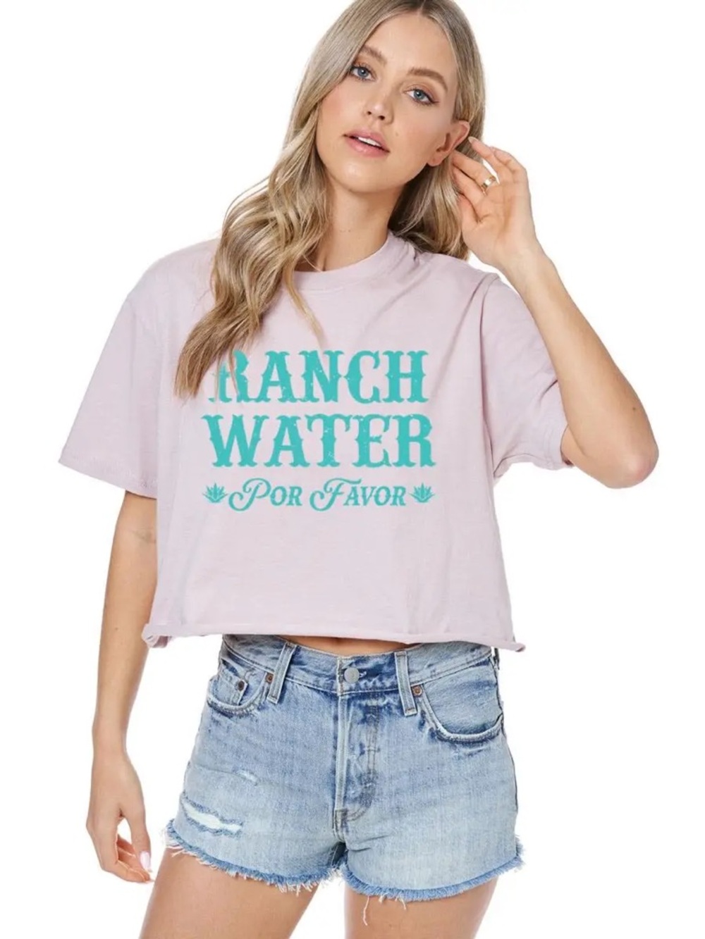White Crop Top with Teal 'Ranch Water Por Favor' Graphic